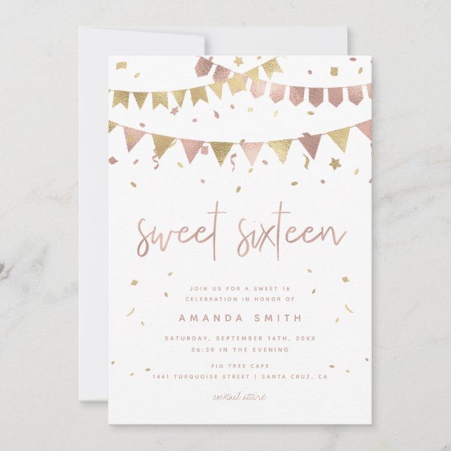 Sweet 16 Modern Script Rose Gold Foil Birthday Invitation (Front)