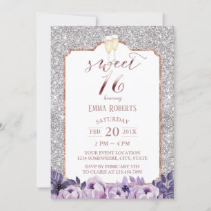 Sweet 16 Modern Silver Glitter Purple Floral Invitation