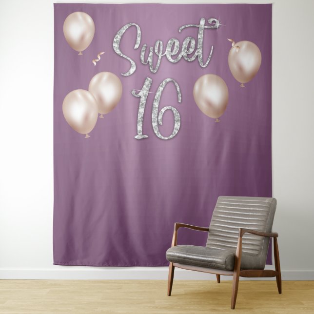 Sweet 16 Modern Silver Typography Purple Backdrops Tapestry (In Situ)