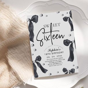  Sweet 16 Modern Stylish Black Bow Birthday Party Invitation