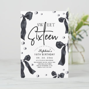  Sweet 16 Modern Stylish Black Bow Birthday Party Invitation
