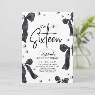 Sweet 16 Modern Stylish Black Bow Birthday Party Invitation