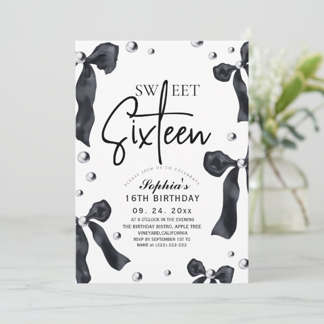  Sweet 16 Modern Stylish Black Bow Birthday Party Invitation (Standing Front)