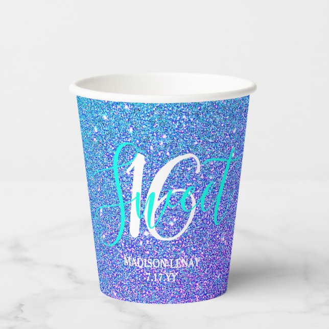 Sweet 16 Modern Teal Purple Glitter Personalised Paper Cups (Front)