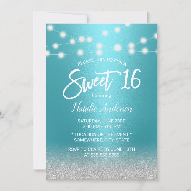 Sweet 16 Modern Turquoise & Silver Glitter Invitation (Front)