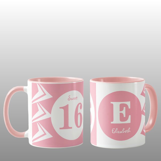 Sweet 16 monogram name pink and white mug (Creator Uploaded)