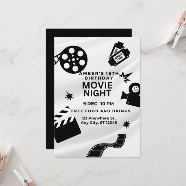 "Sweet 16 Movie Night Bash Invitation (Front/Back In Situ)