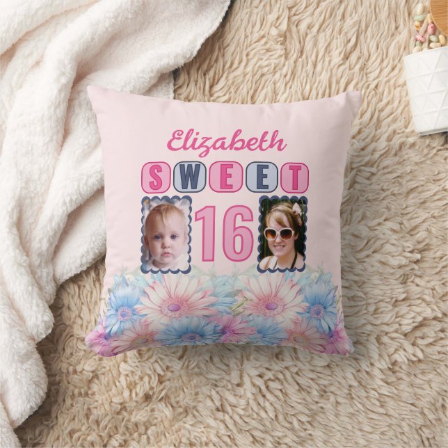 Sweet 16 name 2 photos gerbera flowers pink cushion (Blanket)