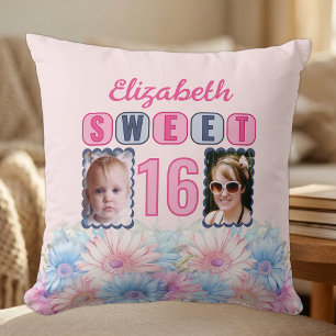 Sweet 16 name 2 photos gerbera flowers pink cushion