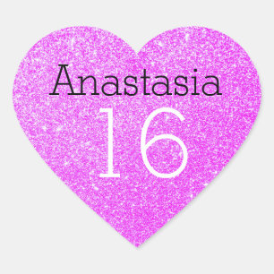Sweet 16 Name Age Black & Purple Glitter Sparkles Heart Sticker