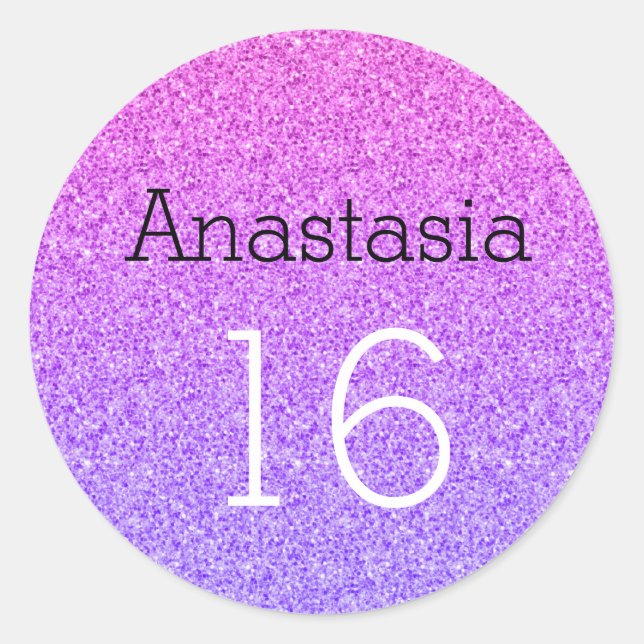 Sweet 16 Name Age Ombre Purple Glitter Sparkles Classic Round Sticker (Front)