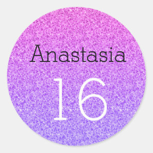 Sweet 16 Name Age Ombre Purple Glitter Sparkles Classic Round Sticker