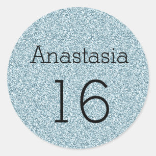 Sweet 16 Name Black Blue Silver Glitter Sparkles Classic Round Sticker