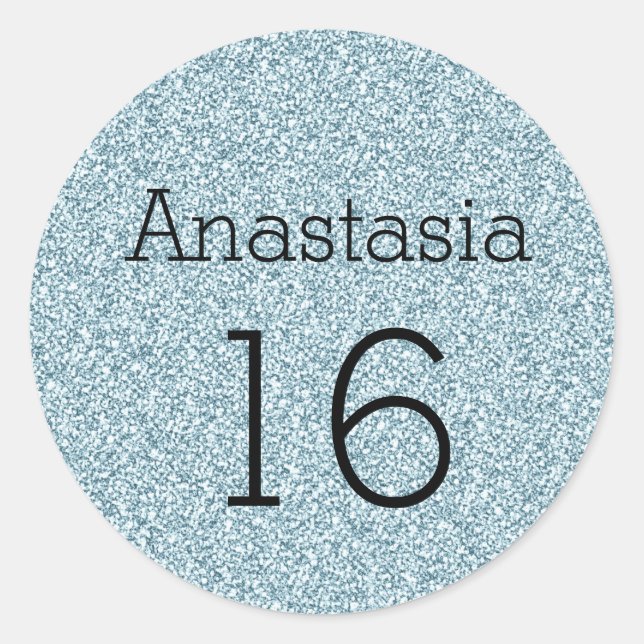 Sweet 16 Name Black Blue Silver Glitter Sparkles Classic Round Sticker (Front)
