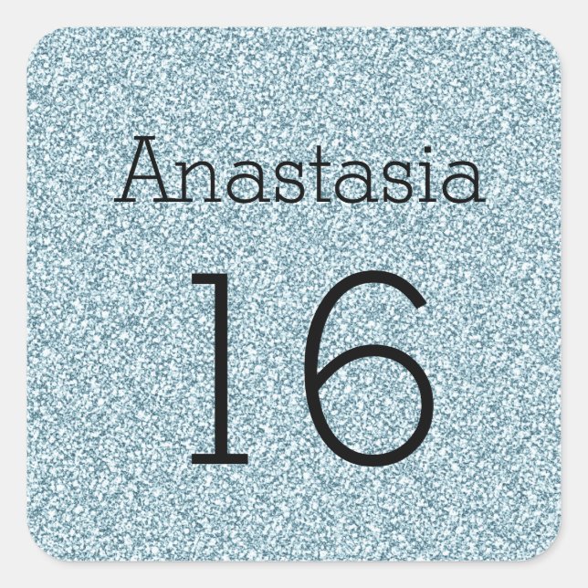 Sweet 16 Name Black Blue Silver Glitter Sparkles Square Sticker (Front)