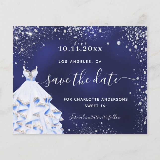 Sweet 16 navy blue dress budget save the date flyer (Front)