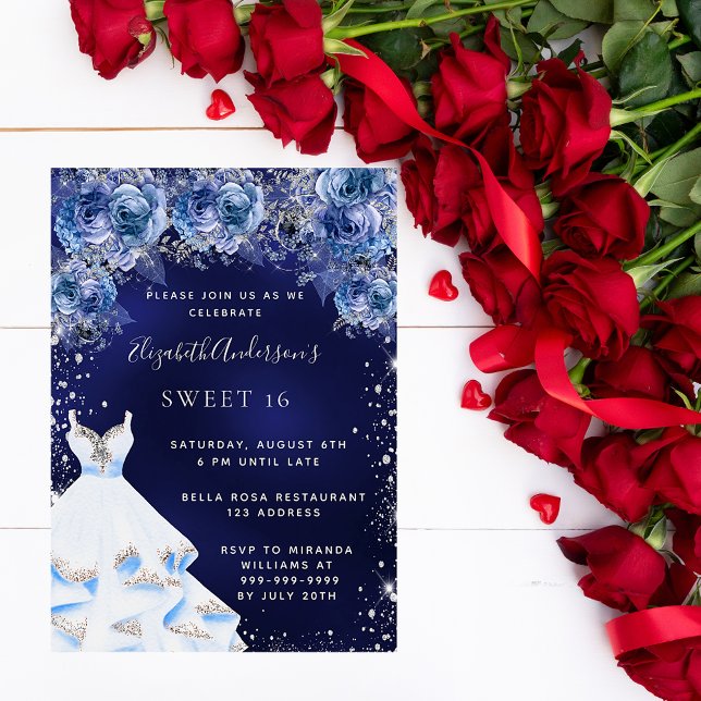 Sweet 16 navy blue dress glitter floral party invitation (Creator Uploaded)