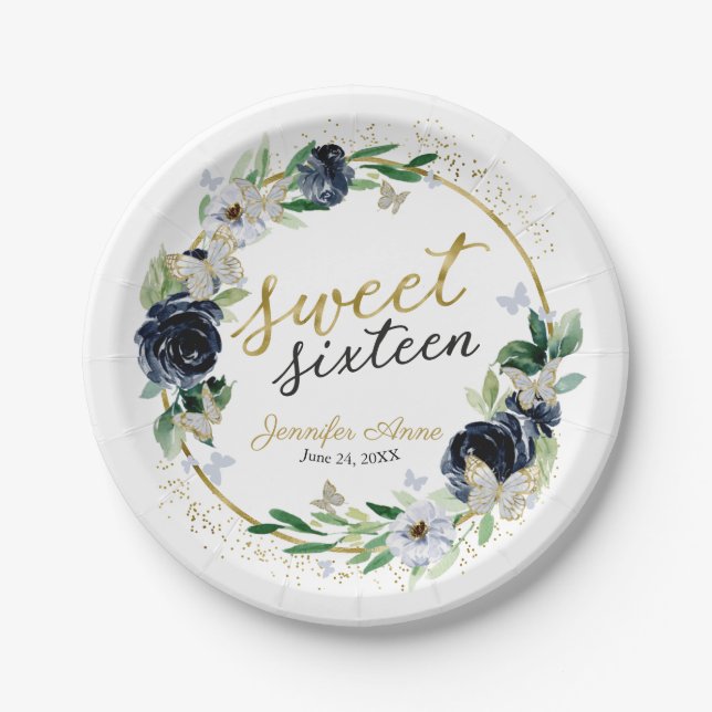 Sweet 16 Navy Blue Floral Butterfly Paper Plate (Front)