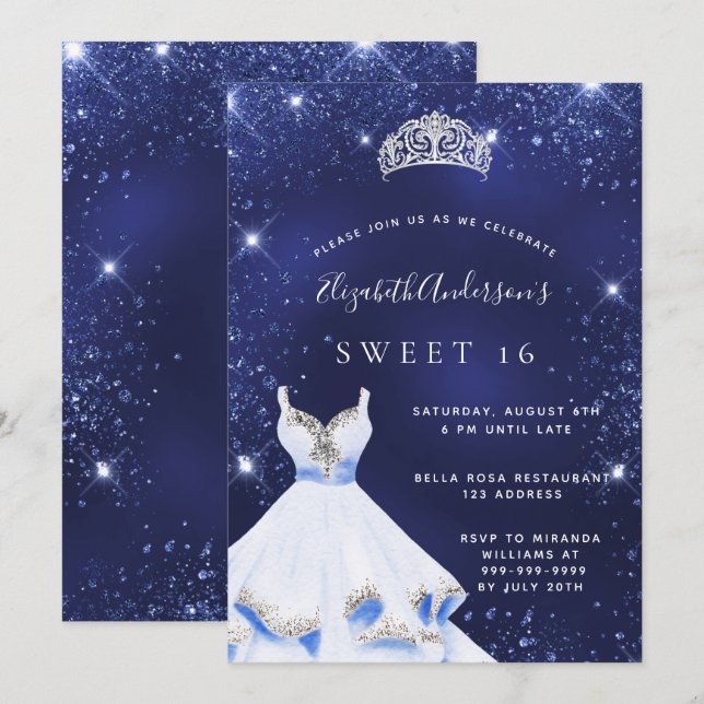 Sweet 16 navy blue glitter dress tiara glamourous invitation (Front/Back)
