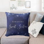 Sweet 16 navy blue glitter dust name cushion<br><div class="desc">A pillow for a Sweet 16,  16th years old girls room. A navy blue background with faux glitter dust. The blue colour is uneven. The text: Sweet Sixteen 
 is written in white with a large modern hand lettered style script. Personalise and add a name.</div>