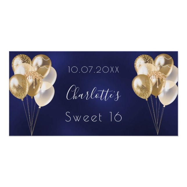 Sweet 16 navy blue gold balloons party poster (Front)