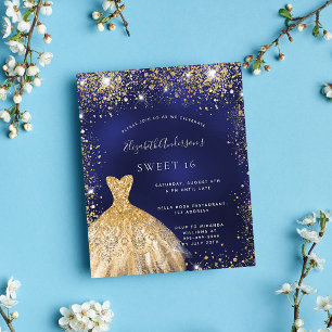 Sweet 16 navy blue gold dress invitation