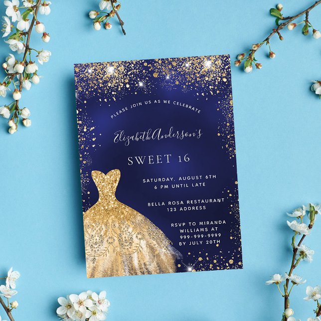 Sweet 16 navy blue gold dress luxury invitation (Creator Uploaded)