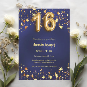 Sweet 16 navy blue gold stars invitation