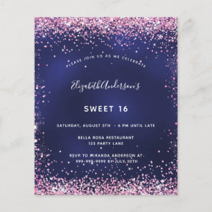 Sweet 16 navy blue pink glitter budget invitation flyer