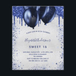 Sweet 16 navy blue silver budget invitation flyer<br><div class="desc">Please note that this invitation is on flyer paper and very thin. Envelopes are not included. For thicker invitations (same design) please visit our store. A girly and feminine birthday party invitation. On front: A faux silver background. Decorated with navy blue faux glitter drips, paint dripping look and balloons. Personalise...</div>