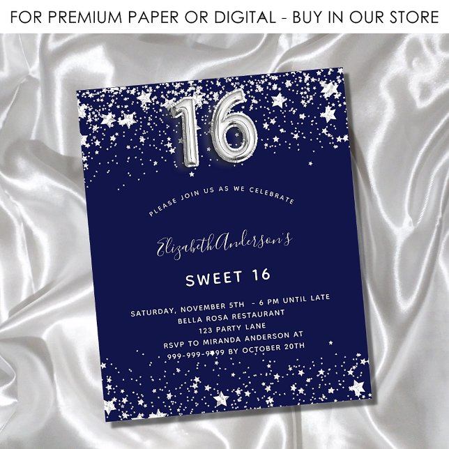 Sweet 16 navy blue silver budget invitation flyer (Creator Uploaded)