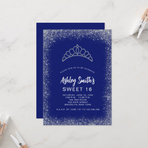 Sweet 16 Navy Blue Silver Glitter Diamond Tiara Invitation
