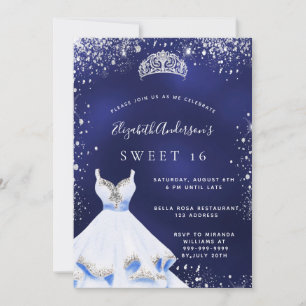 Sweet 16 navy blue silver glitter dress tiara invitation