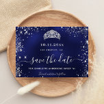 Sweet 16 navy blue silver glitter tiara save the date<br><div class="desc">A girly and trendy Save the Date card for a Sweet 16,  16th birthday party. A navy blue uneven coloured background. Decorated with faux silver glitter dust and a tiara,  crown. The text: Save the Date is written with a large trendy hand lettered style script.</div>