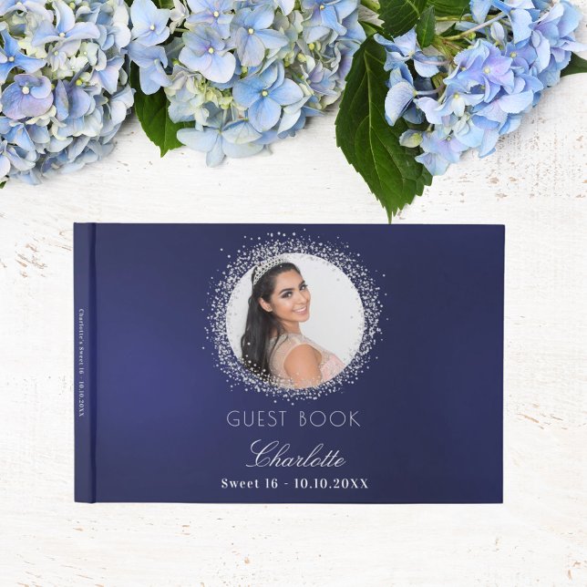 Sweet 16 navy blue silver photo glamourous guest book (Creator Uploaded)