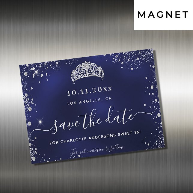 Sweet 16 navy blue silver save the date magnet (Creator Uploaded)