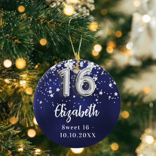 Sweet 16 navy blue silver stars ceramic ornament