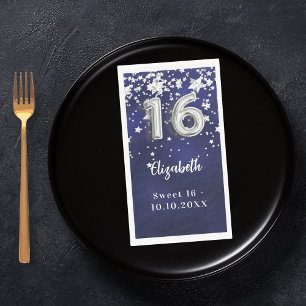 Sweet 16 navy blue silver stars napkin