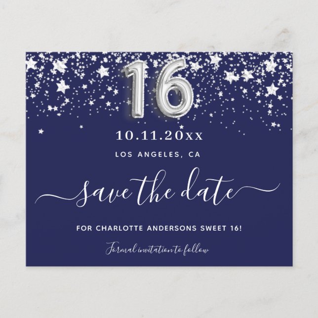 Sweet 16 navy blue silver stars save date budget flyer (Front)