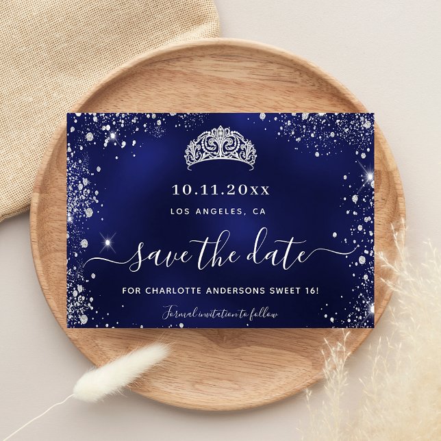 Sweet 16 navy blue silver tiara save the date announcement postcard (Creator Uploaded)