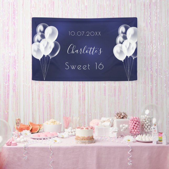 Sweet 16 navy blue white balloons party banner (Party)