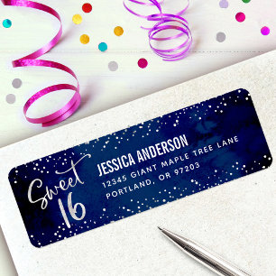 Sweet 16 Navy Watercolor Silver Birthday Address Return Address Label