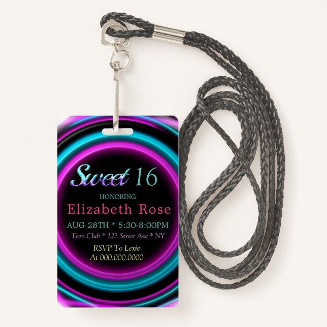 Sweet 16 Neon Birthday Party ID Badge (Front with Lanyard)