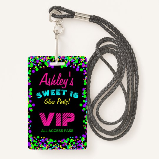 Sweet 16 Neon Glow Birthday Invitation VIP Pass ID Badge