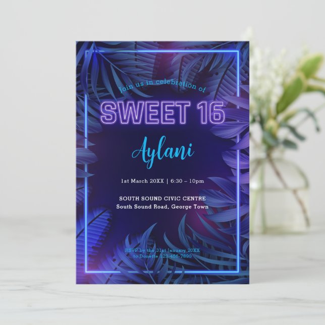 Sweet 16 Neon Glow Birthday Party Invitation (Standing Front)