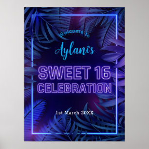 Sweet 16 Neon Glow Birthday Party Welcome Poster