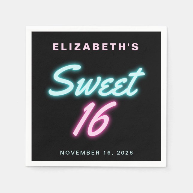 Sweet 16 Neon Lights Birthday Party Napkins (Front)