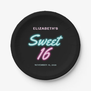 Sweet 16 Neon Lights Birthday Party Paper Plate