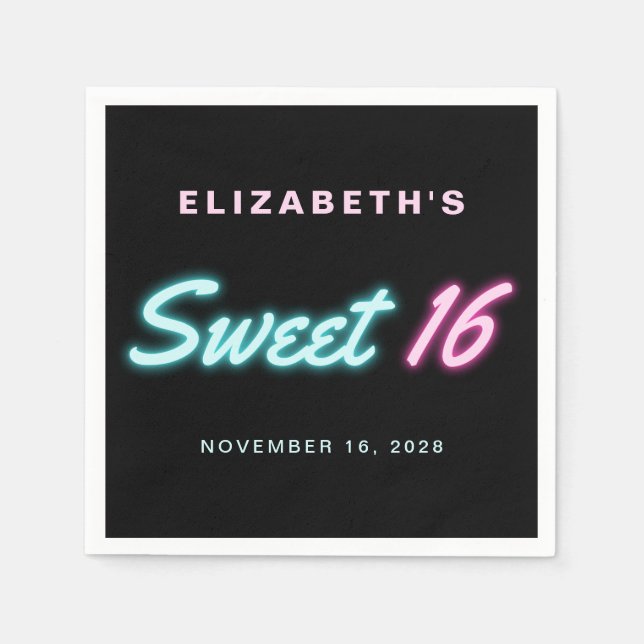 Sweet 16 Neon Lights Black Birthday Party Napkin (Front)