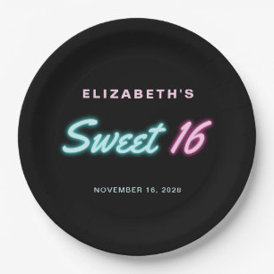Sweet 16 Neon Lights Black Birthday Party Paper Plate